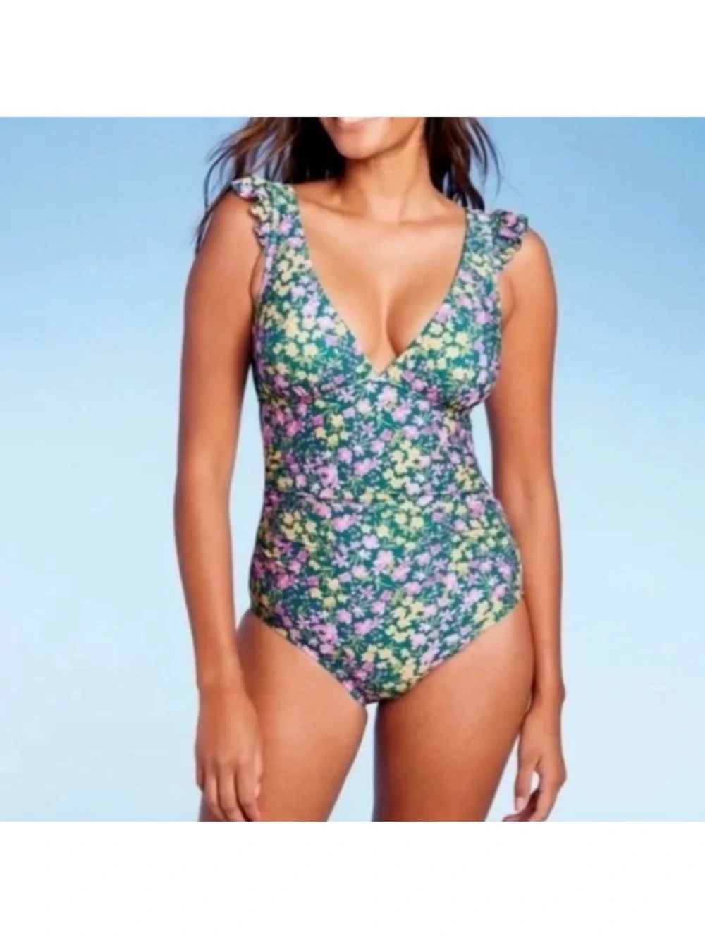 Kona Sol Green Floral One-Piece Swimsuit with Pink & Yellow Flowers size large